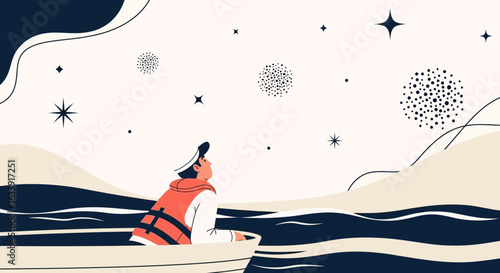 Sailor Man Gazing At Starry Sky During Calm Voyage At Night