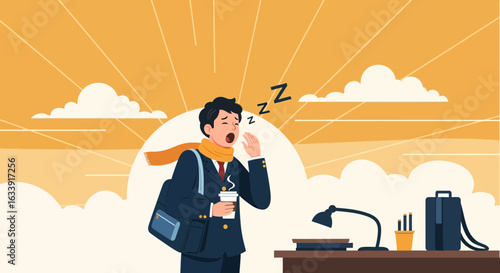 Tired Businessman Heading To Work In The Morning While Holding Coffee