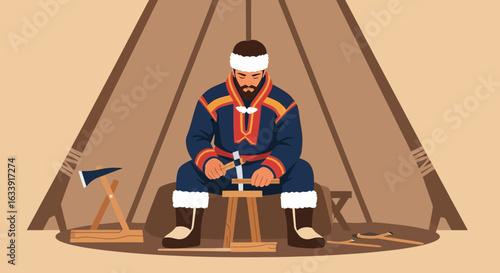 Sami Craftsman Working Wood Inside Traditional Tent In Northern Regions