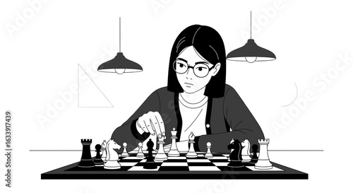 Strategic Game Woman Engaged In Intellectual Pursuit During Intense Chess Match