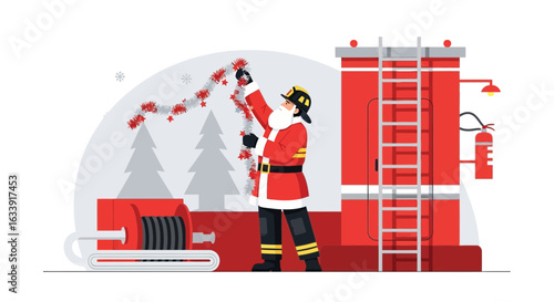 Santa Firefighter Decorating Station With Festive Tinsel For The Holiday Season
