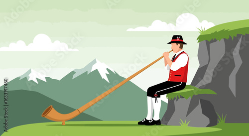 Traditional Alpine Musician Playing Alphorn in Serene Mountain Landscape