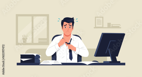 Stressed Businessman Feeling Anxious Tries To Loosen His Tie At His Desk