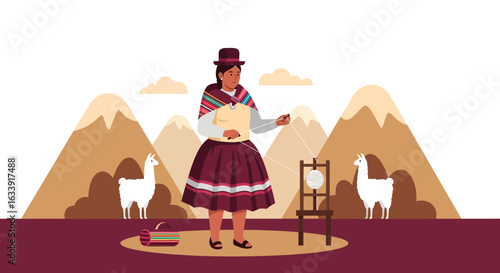 Traditional Andean Weaver Creates Textile with Llama Background Scenery