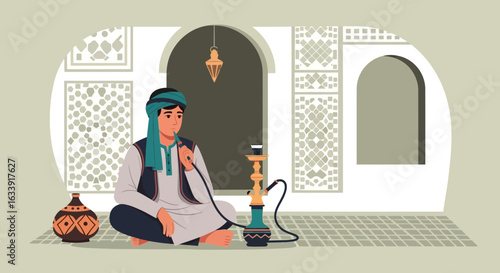 Traditional Arabian Man Smoking Hookah in Authentic Interior Setting Illustration