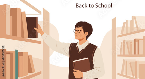 Student Arranging Bookshelves In A Library Or Bookstore For Education