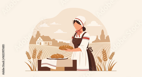 Traditional Baker Holding Fresh Bread With Wheat Field Landscape Scene