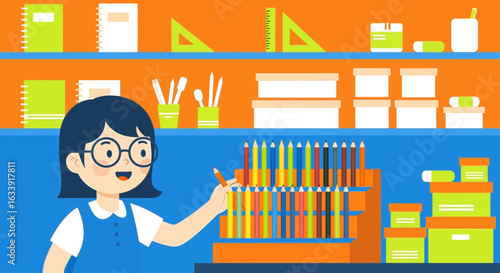 Student Choosing Colored Pencils In A Stationery Shop Or Art Supplies Store