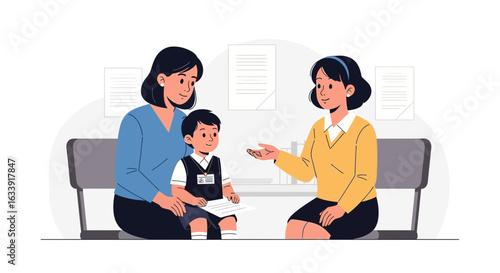 School Consultation Meeting Between Mother Son and Teacher Illustration