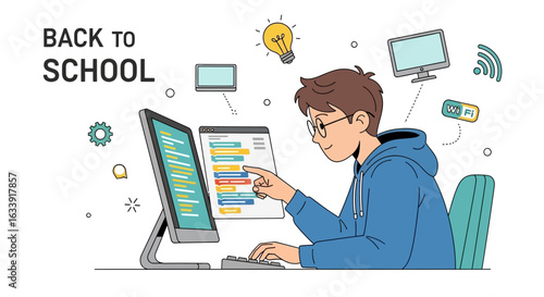 Student Coding Back to School, Studying Online with Computers and Wifi Illustration