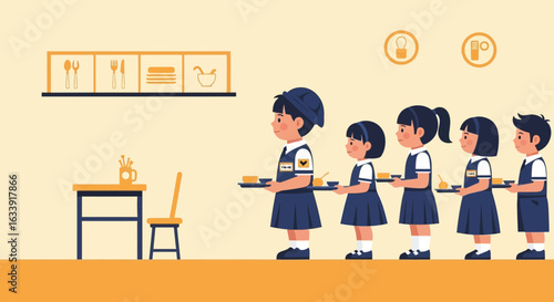 School Cafeteria Queue: Children Line Up For Meal At School Canteen