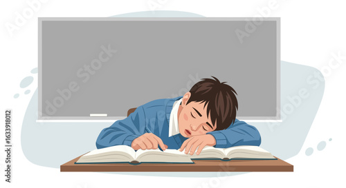 Student Falling Asleep While Studying Hard At The Desk In The Classroom