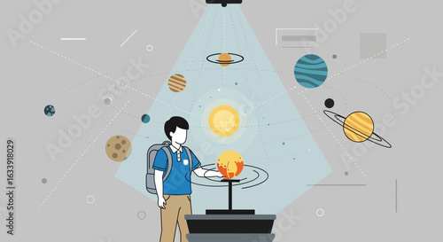 Student Exploring Interactive Solar System Model At Science Museum For Education