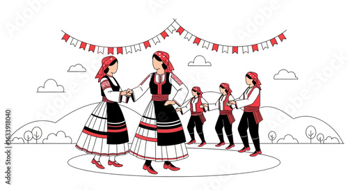 Traditional Dance Performance With Balkan Women On An Outdoor Festival