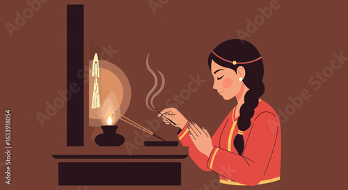Traditional Devotion Young Woman Offering Incense Sticks Spiritual Practice