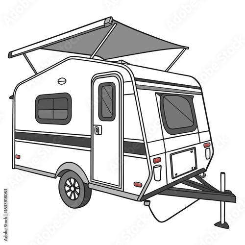 White compact camping trailer with grey awning travel trailer
