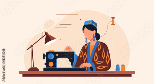 Traditional Dressmaker Sewing With Machine Under Lamp In Her Workshop