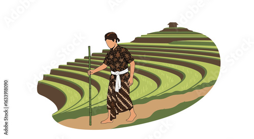 Traditional Farmer Journeying Through Picturesque Rice Terraces Landscape