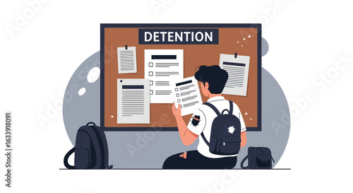 Schoolboy In Detention Reads Lists On Board In Class School Room