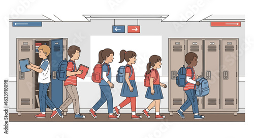 School Students Walking in Hallway with Lockers And Backpacks on Back to Class