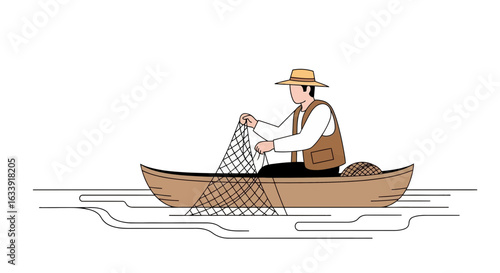 Traditional Fisherman Casting Net From Small Boat On The Calm River Water