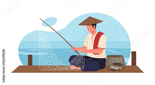 Traditional Fisherman Casting Line on Wooden Dock Calm Tranquil Water Scene