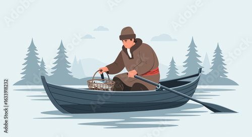 Traditional Fisherman Rowing Boat on Frozen Lake Surrounded by Pine Trees