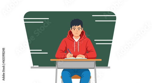 Student In The Classroom Writing On Notebook In Front Of Blackboard