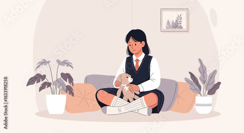 Schoolgirl Relaxing At Home Embracing A Stuffed Animal In Her Free Time