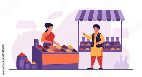 Traditional Indian Market Scene with Spices and People in Colorful Attire