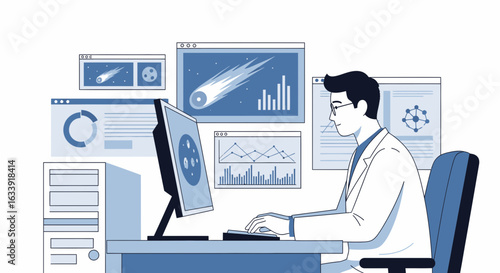Scientist Analyzing Astronomical Data On Computer Screens In Laboratory Setting
