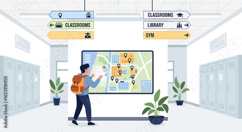Student Navigating School Hallway Using Interactive Map for Directional Assistance