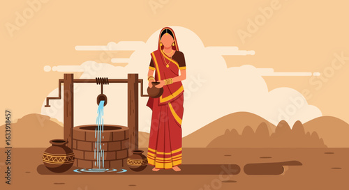 Traditional Indian Woman Gathering Water From A Rural Well in A Desert Landscape