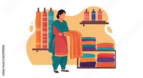 Traditional Indian Woman Selecting Colorful Fabric In A Textiles Shop