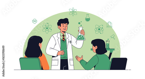 Scientist Explaining Experiment To Students In Class Setting Illustrative Graphic