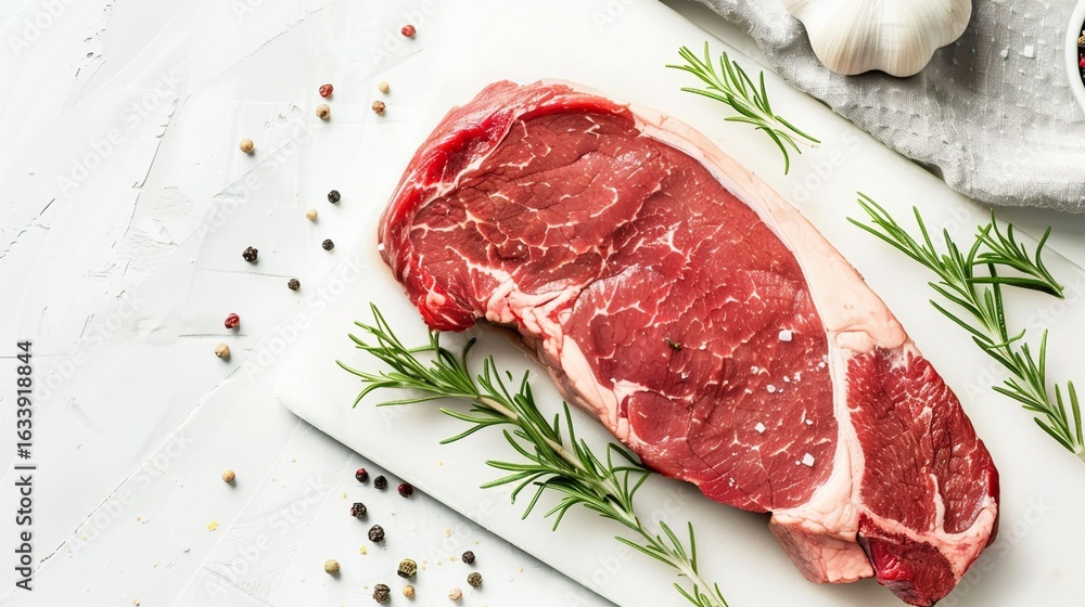 Fototapeta premium Fresh Steak Laid on a Spotless White Cutting Board – A Prime Cut Glistening with Juices, Ready for Seasoning in a Bright Kitchen