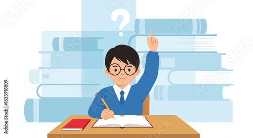 Student Raising Hand Asking Question In Classroom With Books Background