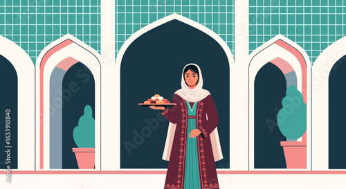Traditional Middle Eastern Hospitality Serving Sweets in Front of Arched Windows