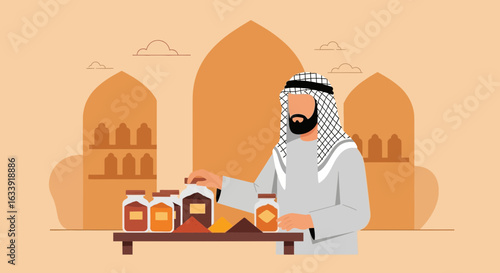 Traditional Middle Eastern Spice Merchant Offering Aromatic Blends In A Market