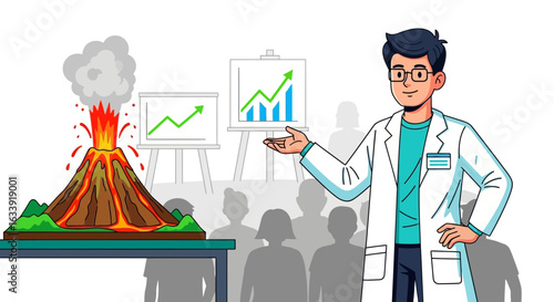 Scientist Presenting Volcanic Activity Model With Growth Charts For Scientific Meeting