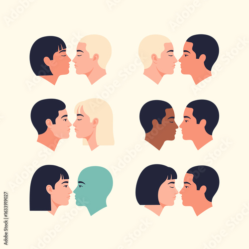 Diverse Couples Sharing Tender Moments of Affection and Connection in Romantic Relationships