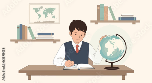 Student Studies Geography Using Globe And World Map In His Room