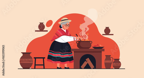 Traditional Peruvian Cuisine Prepared by Indigenous Woman In A Rustic Kitchen