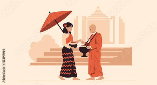 Traditional Offering Of Food To A Monk With A Woman Holding Parasol