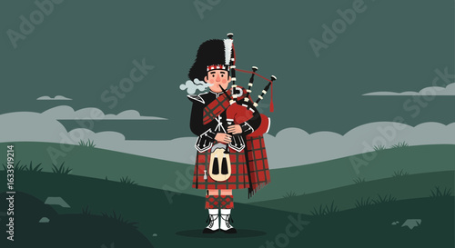 Scottish Piper Playing Bagpipes In Highlands Landscape Cartoon Illustration