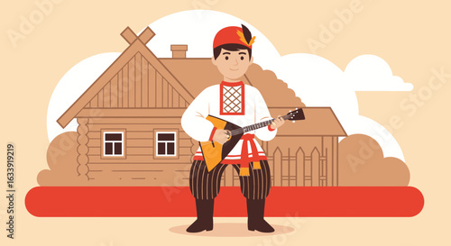 Traditional Russian Musician Plays Balalaika In Front Of Village Log House