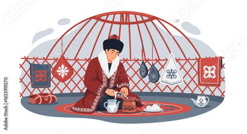 Traditional Preparation Of Nomad Drink Inside Authentic Asian Yurt Home