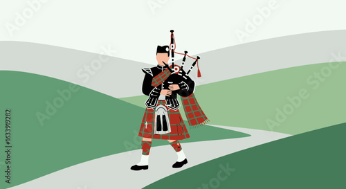 Scottish Highlands Bagpiper Illustration Playing Traditional Music On Rolling Green Landscape