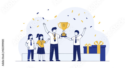 Students Celebrating Victory With Trophy And Gifts After Competition Event