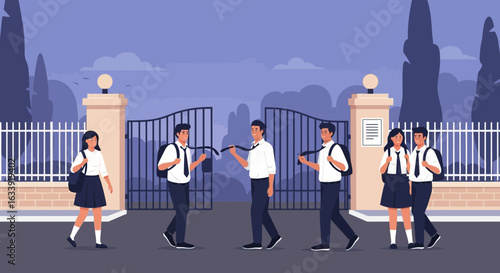 Students Arriving At Educational Institution Gate In Uniform For The Beginning Of Class